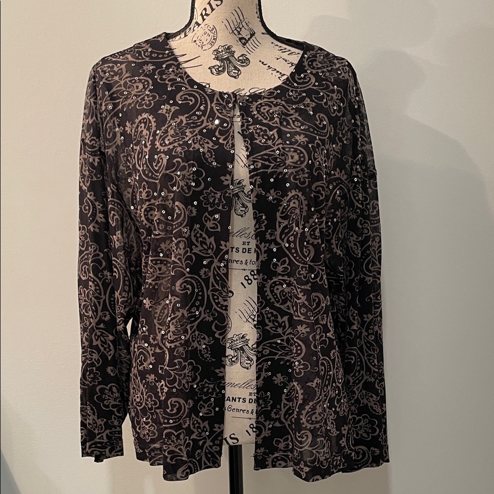 Chico’s Black and Beige Paisley Cardigan with Sequins